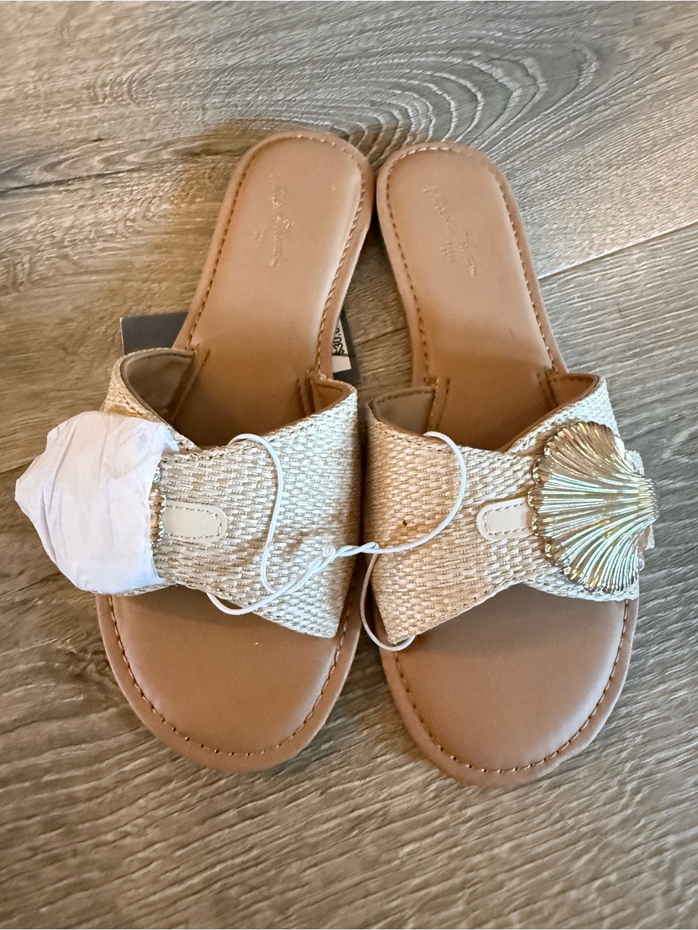 NWT a new day Tan Woven Slide Sandals with Shell Embellishment